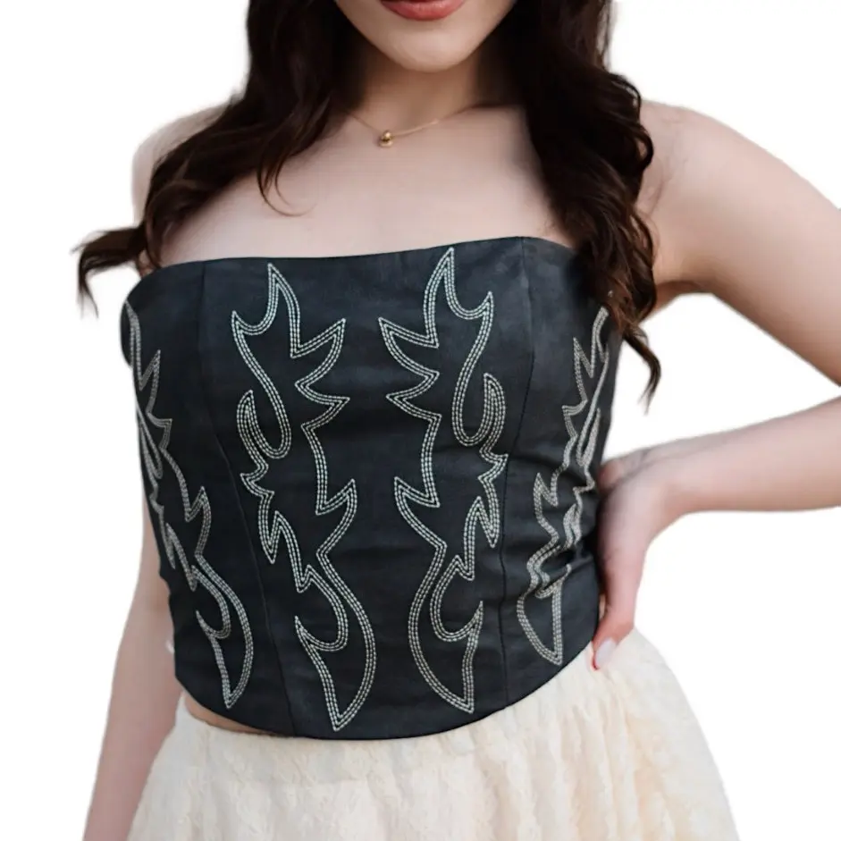 Vegan Leather Embroidered Western Corset Top
