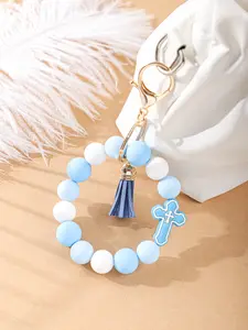 Silicone Beaded Keychain Bracelet with Cross Pendant and Tassel, Elastic Wristlet Keychain, Christian Faith Gift for Women, Keychain Charm