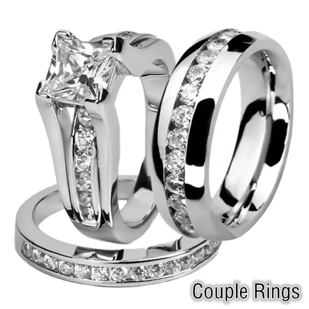 Stainless Steel CZ Couple Ring Set | Princess Cut Engagement Ring | Matching Wedding Band for Women & Men