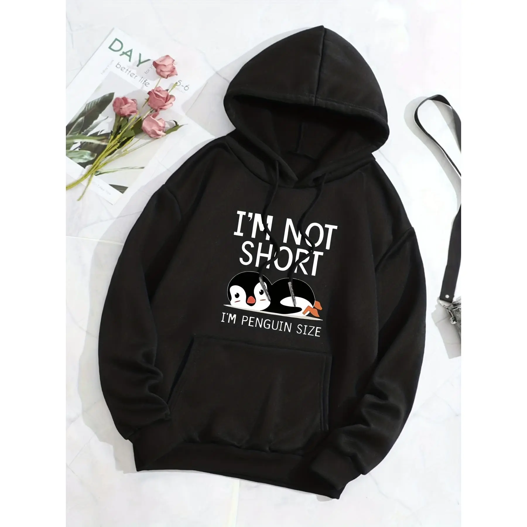 [Cute Hoodie] Cute Casual Long Sleeve Penguin Print Kangaroo Pocket Hoodie | Women's Clothing Drawstring Hoodies Sweatshirt Fabric Polyester