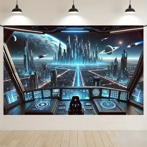 Futuristic Sci-Fi City Spaceship Tapestry - Suitable for photography backdrops, party banners, and decorative fabric. Perfect for indoor and outdoor party decorations, holiday celebrations,  and studio props. collection print polyester bedroom chic design
