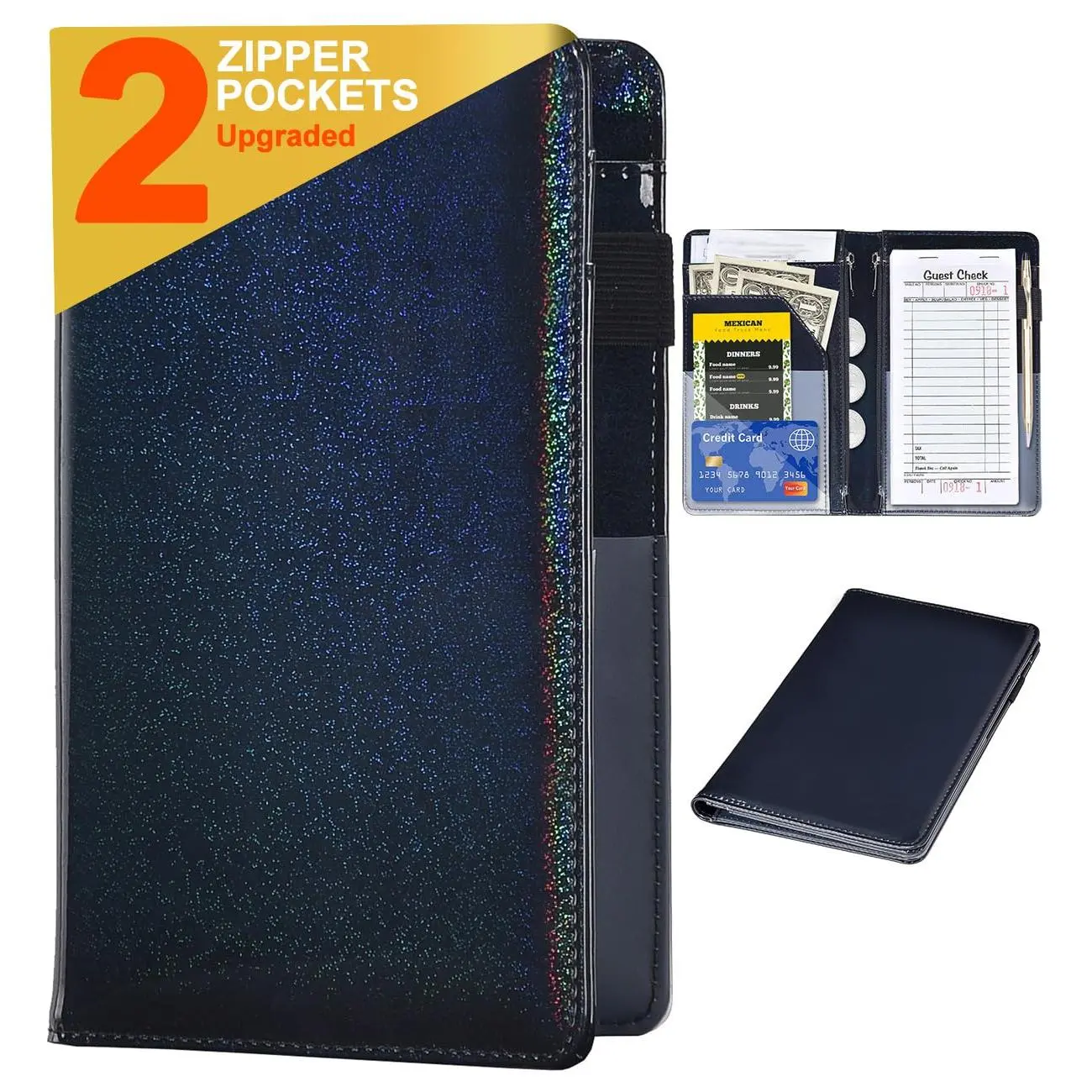 Server Books for Waitress - Glitter Leather Waiter Book Server Wallet with Zipper Pocket, Cute Waitress Book&Waitstaff Organizer with  Pocket Fit Server Apron (Glitter Black)