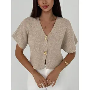 Women's Short Sleeve Button Front Knit Cardigan V Neck Casual Spring Summer Daily Commute Work Basic Minimalist Fashion Lightweight Knit Cardigan, Stylish & Comfortable Design, Women Summer Cardigan
