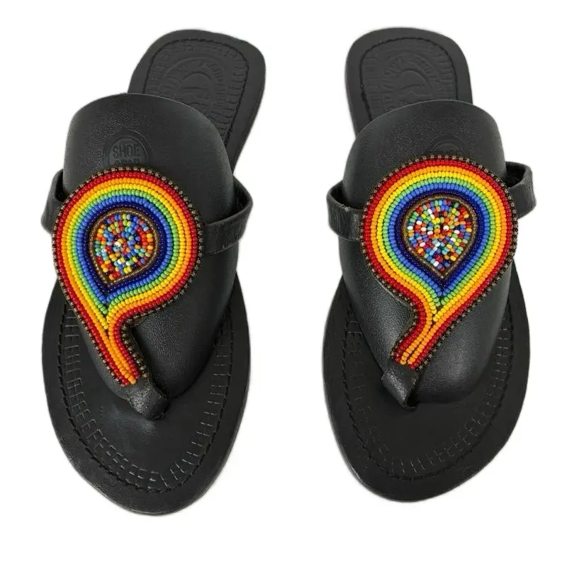 Colorful Maasai African Sandals with Rainbow Bead Design and Black Leather Sole