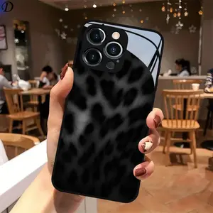 Phone Case: Black and Gray Leopard Print Pattern New Black Glass Phone Case for iPhone 11/11 Pro/11 Pro Max/iPhone 12/12 Pro/12 Pro Max/iPhone 13/13 Pro/13 Pro Max/iPhone 14/14 Plus/14 Pro/14 Pro Max/iPhone 15/15 Plus/15 Pro/15 Pro Max/iPhone 16/16