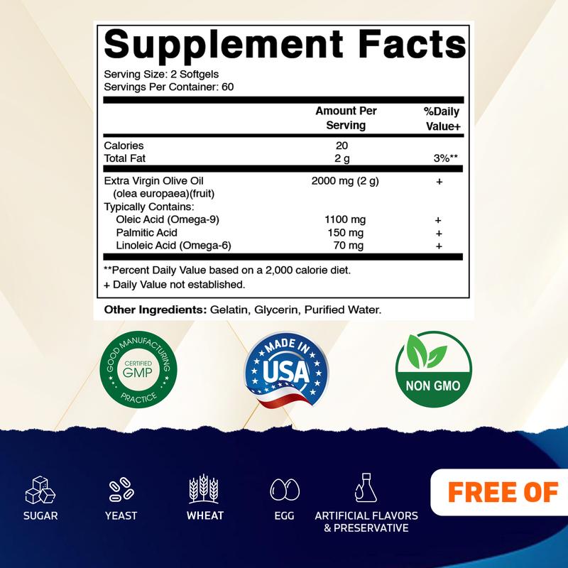 Vitamatic Extra Virgin Olive Oil 2000 mg Per Serving 120 Softgels - Great Source of Omega 6 & 9 Pure Natural Ingredients for Health