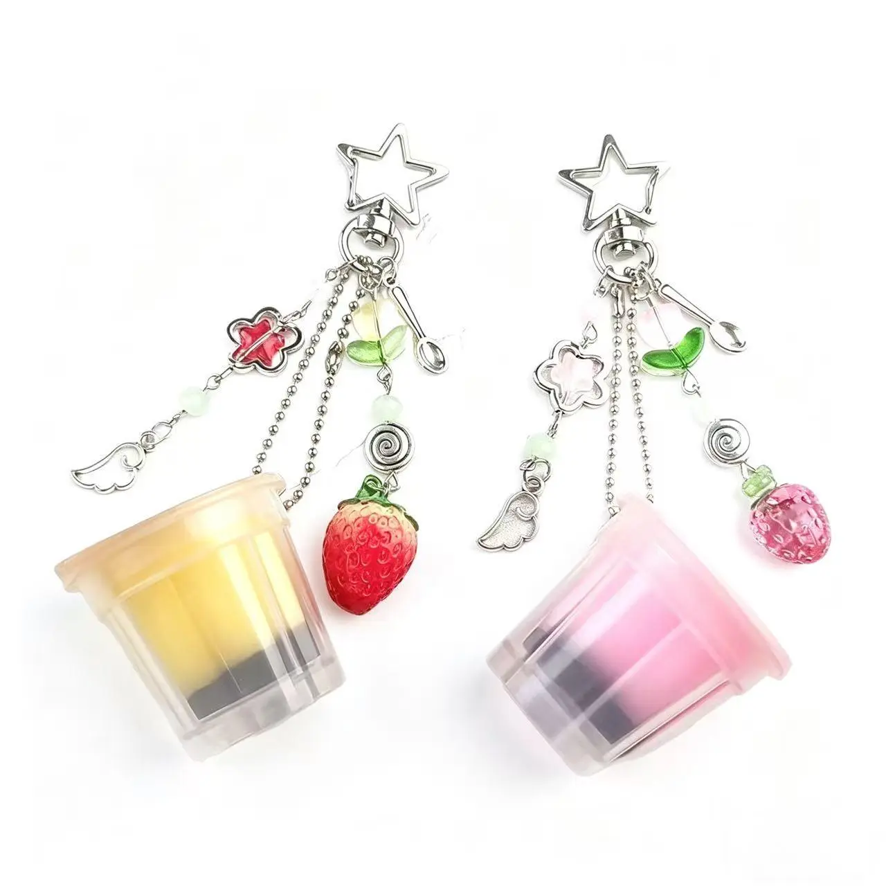 Kawaii Keychain with 3D Pudding Cup & Strawberry Charm, Metal Bag Accessory, Kawaii Accessories & Girly Purse Stuffers, Gift Ideas for Teen Girls, Cute Charms Keychain, Bag Charms