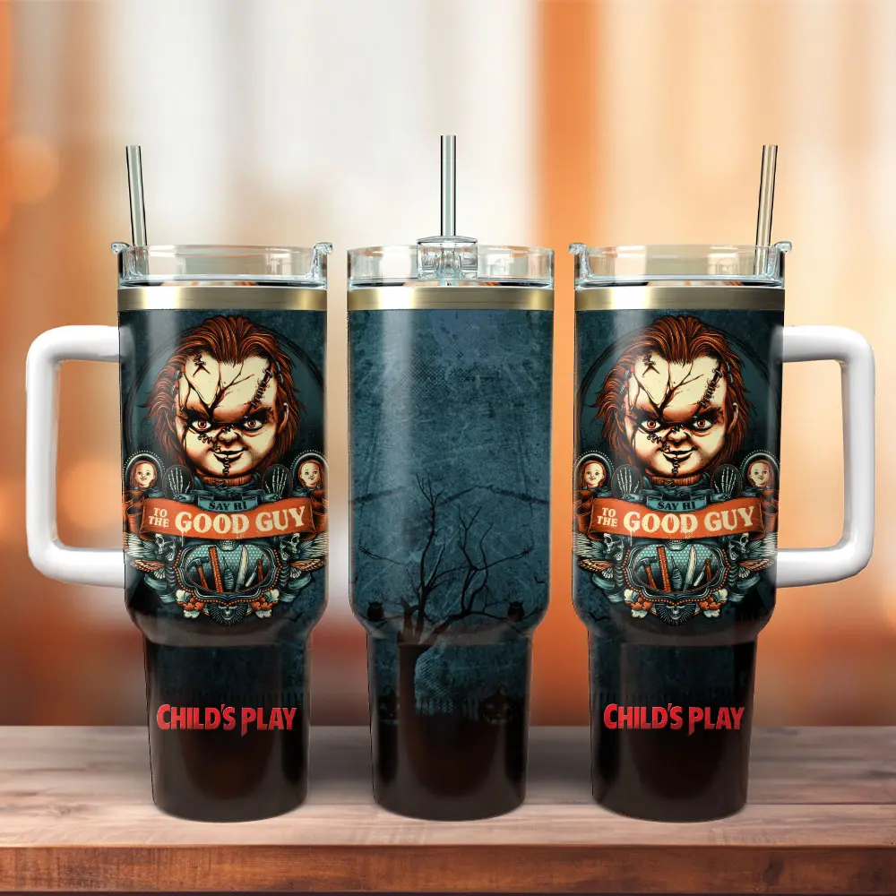 Chucky Child's Play 40oz Tumbler with Handle, Good Guy Horror Stainless Steel Travel Mug, K*ller Doll Halloween Insulated Cup, Spooky Slasher Movie Fan Gift, Gothic Coffee Tumbler, Horror Collector Drinkware