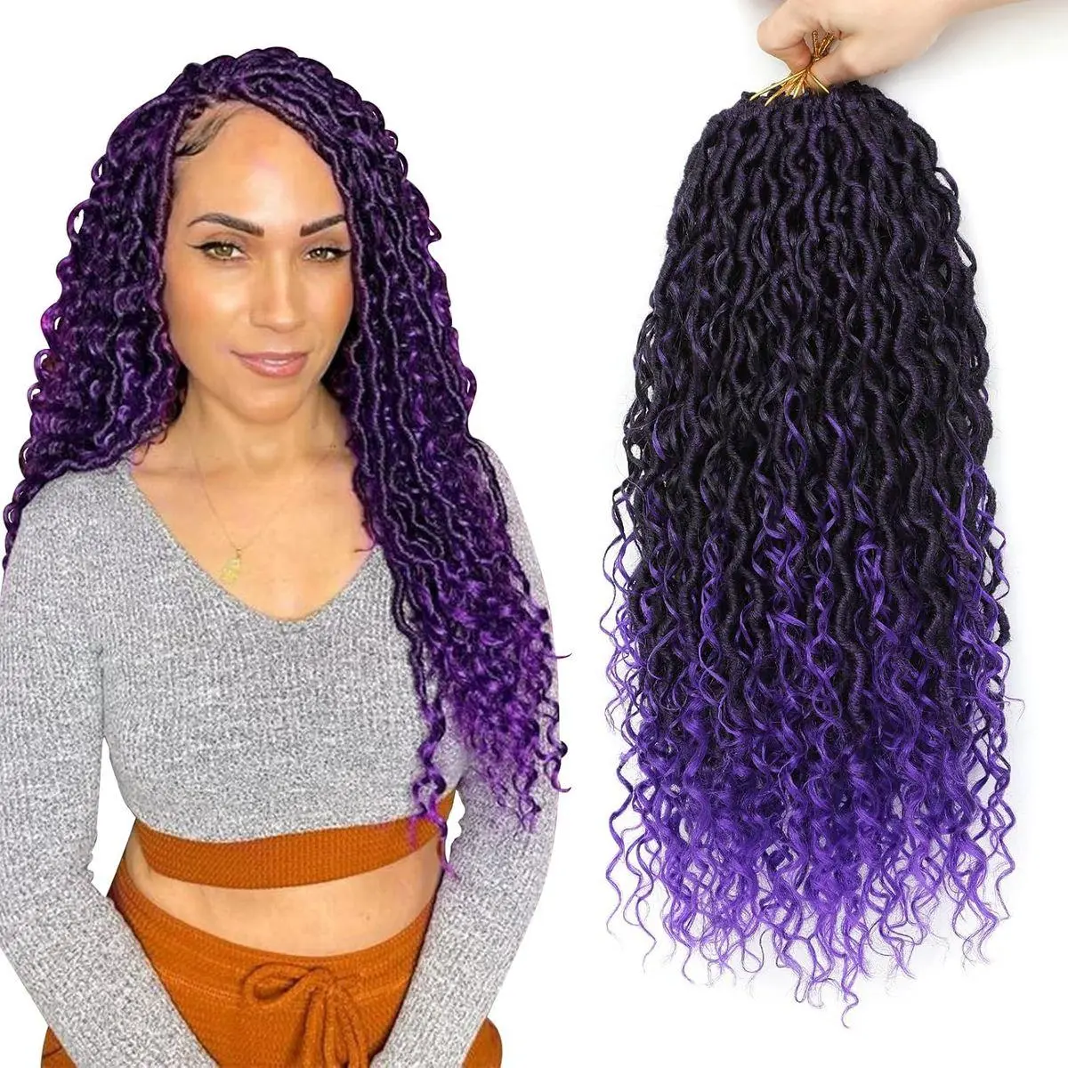 Goddess Loc Crochet Hair 14inch 8 Packs Faux Locs Crochet Hair for Black Women 1B/Purple Pre Looped River Locs with Curly Ends