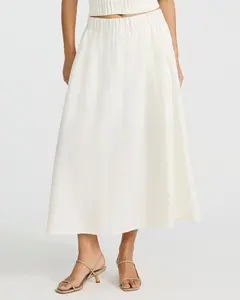 Express Summer-Blend Linen High Waisted Pull On Pleated Midi Skirt