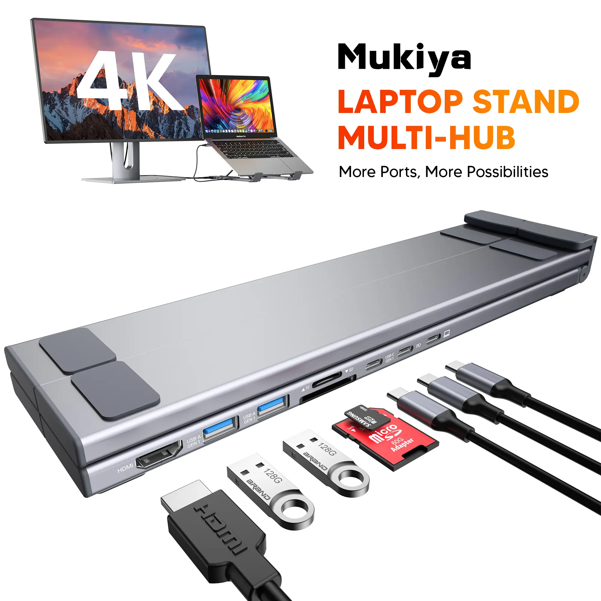 Mukiya Laptop Stand with USB C Hub, Docking Station Laptop Stand with 4K HDMI, USB 3.0, USB-C Data Port, SD/TF Card Reader, 3.5mm Audio, Adjustable Portable Aluminum Laptop Riser for MacBook, Dell, HP, Surface, Lenovo...