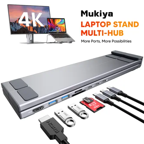 Mukiya Foldable Aluminum Laptop Dock + Stand with USB-C Adapter, UHD 3840×2160 HDMI, USB 3.0 Data Port, SD Card Reader, 3.5mm Audio Jack, TF Card Support, 10.5in Slim Foldable Carry, 0.7lb Lightweight, 40lb Load Capacity for MacBook