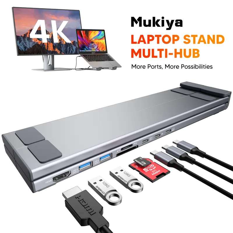 Mukiya Foldable Aluminum Laptop Dock + Stand with USB-C Adapter, UHD 3840×2160 HDMI, USB 3.0 Data Port, SD Card Reader, 3.5mm Audio Jack, TF Card Support, 10.5in Slim Foldable Carry, 0.7lb Lightweight, 40lb Load Capacity for MacBook