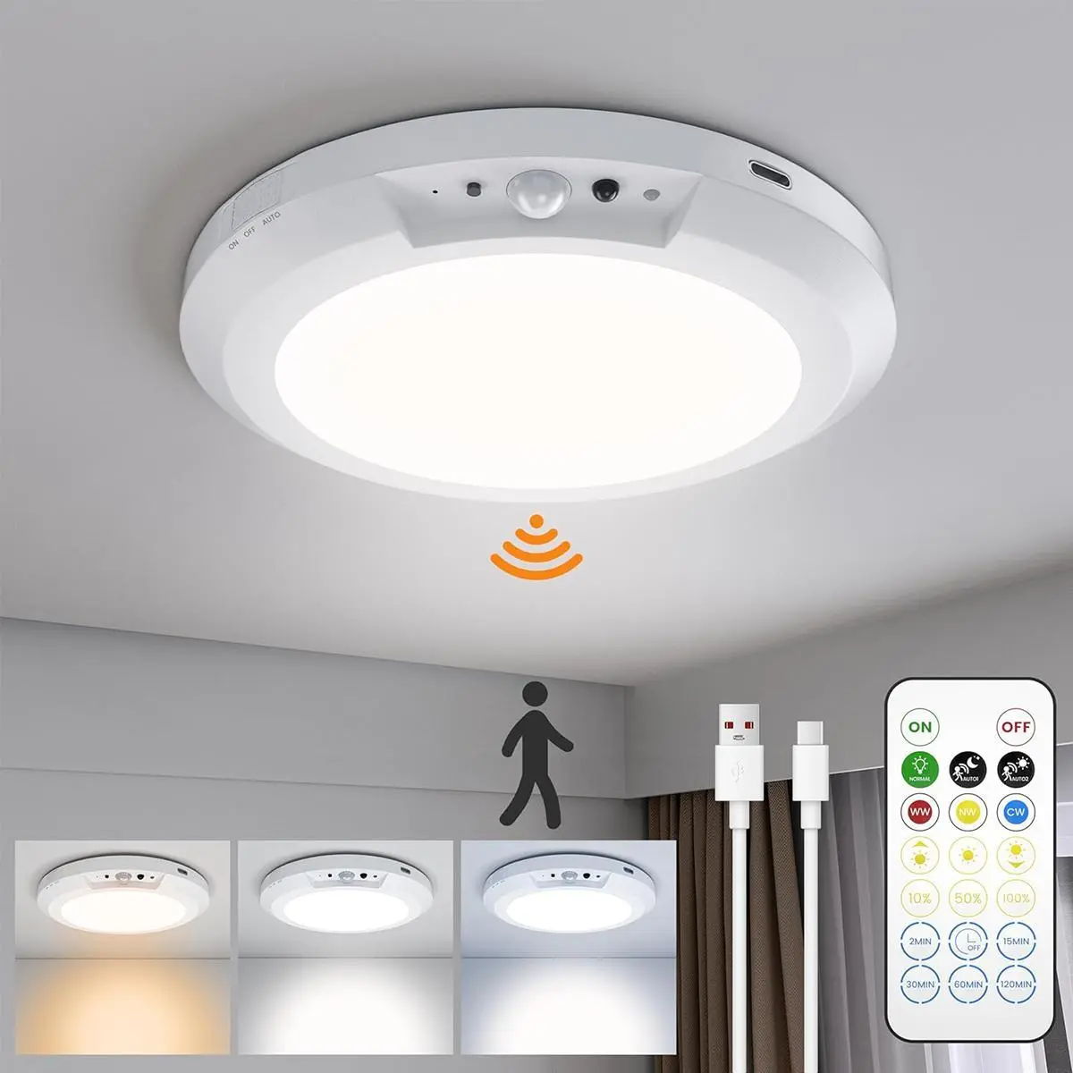 Adjustable Dimmable Motion Sensor LED Ceiling Lamp - Magnetic Wireless, Rechargeable Batteries, Auto Shut-Off, Remote-Operated Spotlights for Closet, Shed, Stairs, Porch Bright Electronic