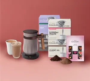 With Love Bundle - includes Velvetiser, Hot & Cold drinking chocolates selection, Classic 70% Hot Chocolate, Raspberry Praline Hot Chocolate, Mint Cold Drinking Chocolate, and With Love H-Box