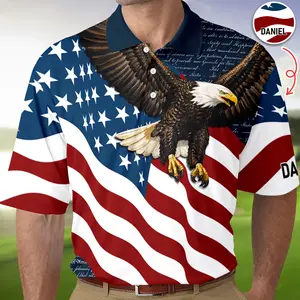 Custom Name Eagle US Flag Patriotic Polo Shirt, Personalized 4th of July USA Golf Shirt, Independence Day Father’s Day Gift