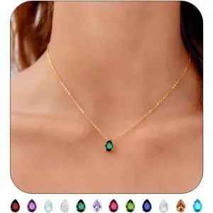 18K Gold Plated Birthstone Necklace for Women Emerald Green CZ Teardrop Pendant Dainty Jewelry Gift