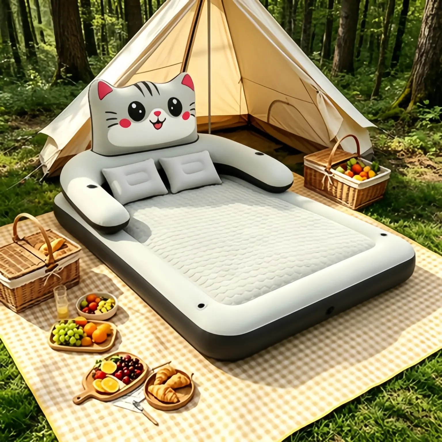 Kitten Print Portable Airbed - Cute Durable Inflatable Furniture Bed for Indoor Napping, Garden Relaxation, Road Travel