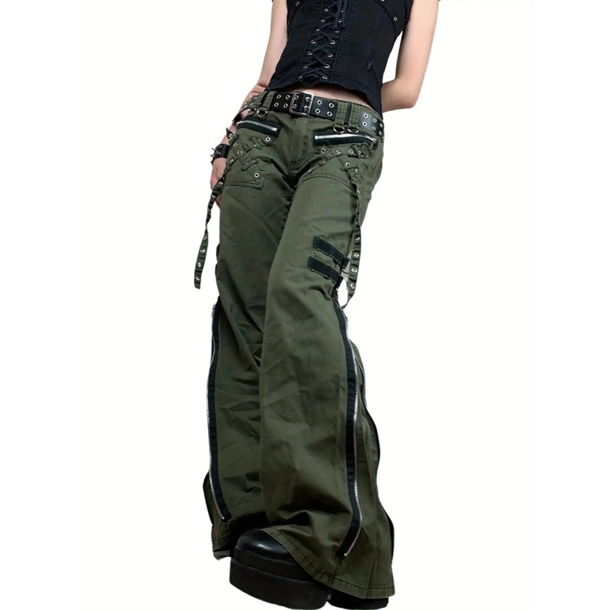 Women Gothic Cargo Pants Casual Loose Low Waist Trousers Wide Leg Baggy Jeans Harajuku Punk Trousers Halloween Streetwear