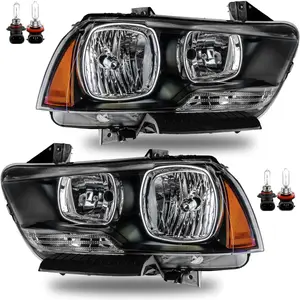 Headlight Assembly w/Bulbs Compatible with 2011-2014 Dodge Charger OE Halogen Headlamp Black Housing Amber Reflector Replacement Driver and Passenger Side