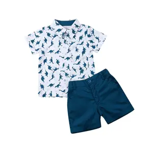 Toddler Baby Boy Summer Outfit Dinosaur Print Short Sleeve Button Down Lapel Neck T-shirt Top and Casual Solid Color Shorts Set Cute Kids Clothes 1-6T