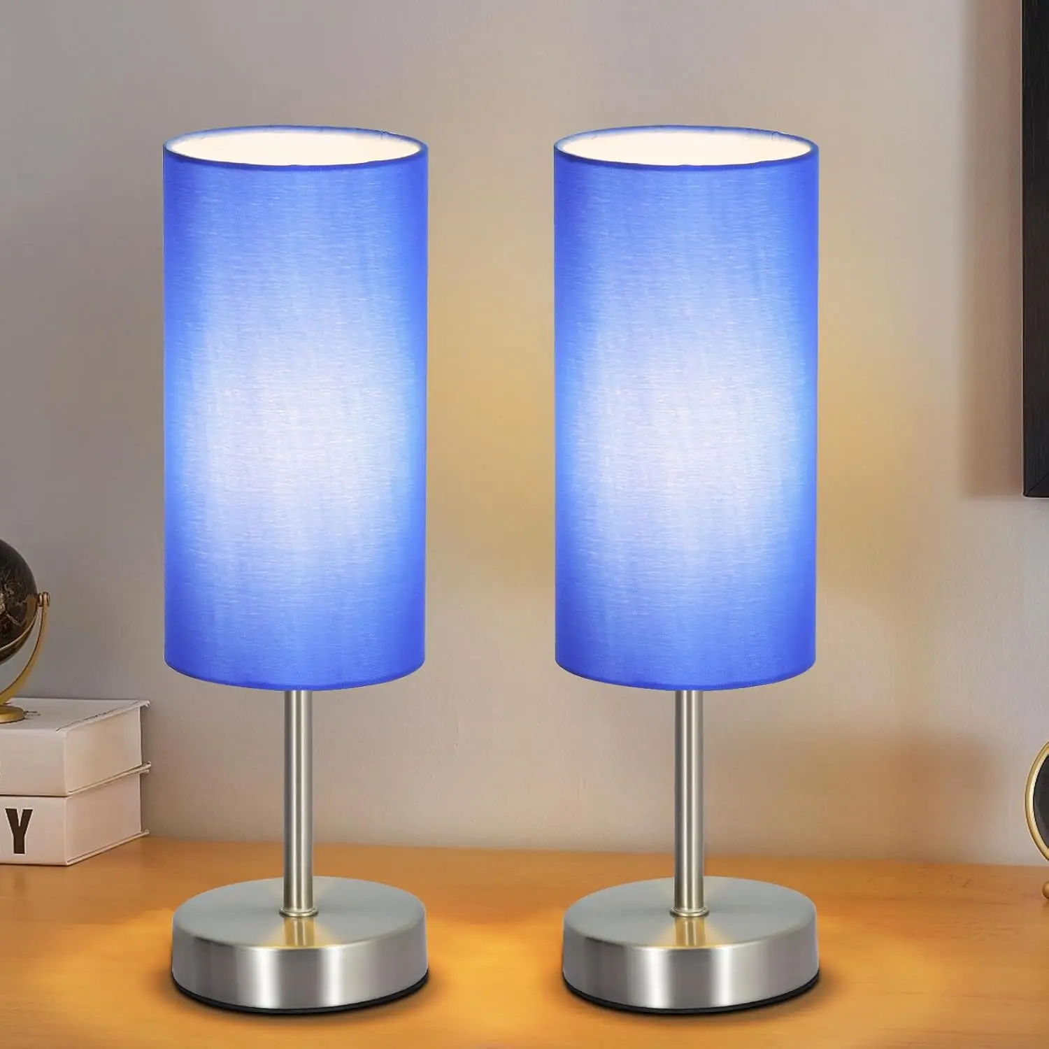 2 Pack Small Table Lamps for Bedroom, Bedside Lamps for Nightstand with Wire Switch, Minimalist Modern Desk Lamps with Linen Fabric Shade for Kids Room Living Room Office Dorm, Bulb Included