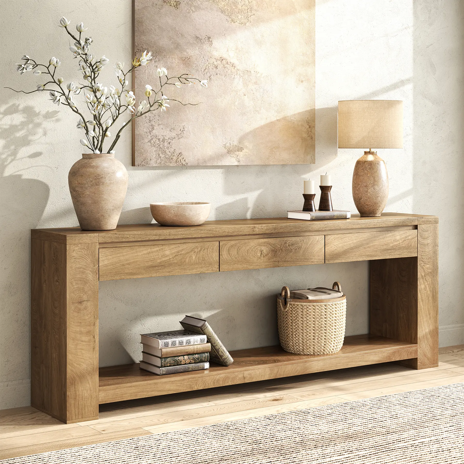 78 Inch Extra Long Console Table with Storage Drawer and Open Shelf | 3 Storage Drawers | Open Shelf | Natural Oak Brown | Farmhouse Entryway Table | Behind Sofa | Entrance, Hallway, Living Room