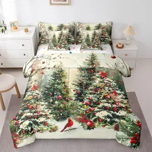 Christmas Comforter Set,7 Pcs,Green Christmas Trees Bedding Set for Child Teens,Red Xmas Bells Sheet Set,Cardinal Bird Bed in a Bag