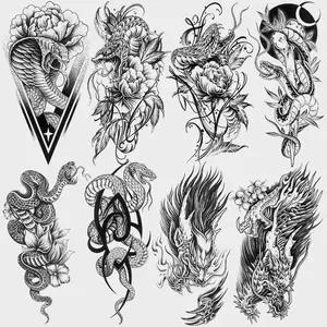 8 Cool Snake Dragon Tiger Floral Animal Tattoo Stickers, Unisex Full Body Arm Art, Party Wedding Essential, Long-Lasting Non-Fading