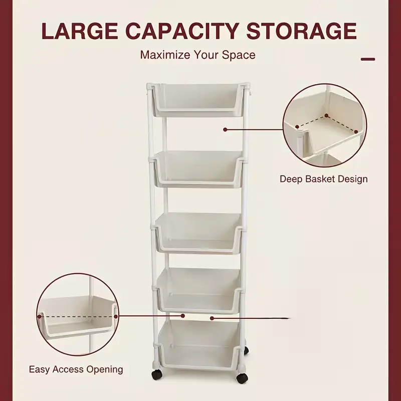 5-Tier Storage Cart Shelf with 4 Swivel Casters for Flexible Mobility, Suitable for Multiple Scenes Like Bedroom, Living Room, Kitchen, Bathroom, and Balcony. A Freestanding Organizer for Dorms, Rental Units, and Small Apartments. Large-Capacity