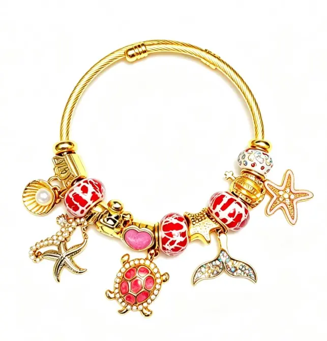 Tone Gold Open Twist Bangle Ocean Charm Bracelet Red Enamel Bead Turtle Mermaid Tail Starfish Shell Women Beach Jewelry Gift