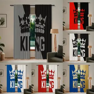 2-piece King and Queen Crown Art Printed Curtain with Golden Crown Design Text, Modern Geometric Translucent Polyester Fiber Material, Suitable for Home Decoration in Living Room and Bedroom Window Curtain