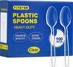 100 Pack Clear Plastic Spoons, Heavy Duty Disposable Cutlery for Party, Catering, Picnic & Daily Use