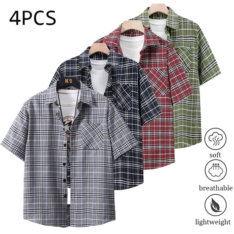 Pack of 4 men’s striped Western button-up shirts; plaid shirt with a notched collar,  cotton dress shirt fabric; regular fit;men’s tops ideal for summer beach trips, outings, and everyday outdoor activities. Polo Shirt Men's Quick-Dry Set Lightweight