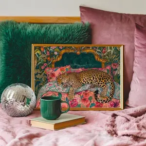 [SALE 50% FOR A LIMITED TIME + FREE SHIP] Sleepy Leopard in a Vintage Bed Print - Pink & Emerald Green Maximalist Wall Art - Jungle Bedroom Decor (No Frame)