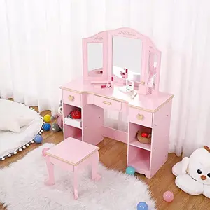 GARVEE Stylish GARVEE Vanity Table and Stool Set for Creative Play, Featuring a Mirror and Drawer, Perfect for Ages 4-9, Pink Makeup Dressing Table Toy for Imaginative Fun and Role-Playing Activities.