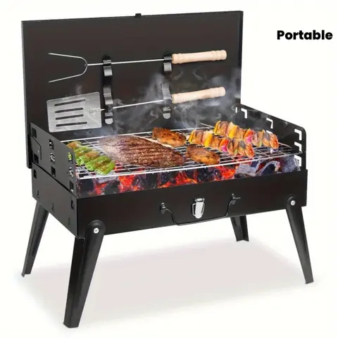 Portable Thickened Cast Iron Tabletop Charcoal Grill with 6-Piece All-in-1 BBQ Tools Set - Dust-Proof, Easy Assembly Portable Bbqs for Camping, 3-4 People Outdoor Gatherings