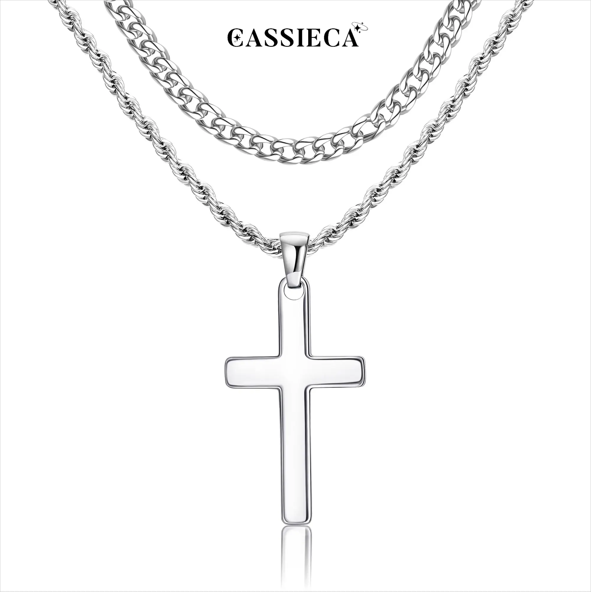 CASSIECA 316L Stainless Steel Layered Cross Necklace for Men Multi-Size 16-24 Inch Cuban Chain & Link Cross Pendant with Crucifix Charm Men's Fashion Accessory with Gift Box Included Men's Accessories