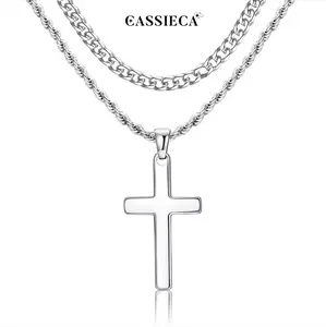 CASSIECA 316L Stainless Steel Layered Cross Necklace for Men Multi-Size 16-24 Inch Cuban Chain & Link Cross Pendant with Crucifix Charm Men's Fashion Accessory with Gift Box Included Men's Accessories