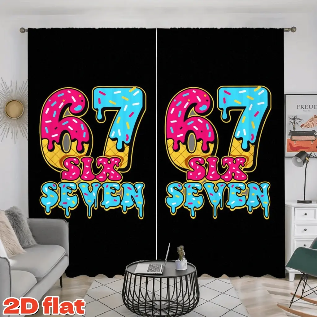 2D 2Pcs Dessert Donut Ice Cream Numbers 67 Printed Curtains, Semi Shading Curtain, Home Decor, Six Seven Letters Design, Rod Pocket Style, Semi Sunshade Polyester Fiber, Decorative Window Drapery for Living Room, Bedroom, Balcony, Kitchen