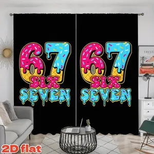 2D Flat 2Pcs Dessert Donut Ice Cream Numbers 67 Printed Curtains, Home Decoration Curtain, Six Seven Letters Design, Rod Pocket Style, Semi Sunshade Polyester Fiber, Decorative Window Drapery for Living Room, Bedroom, Balcony, Kitchen
