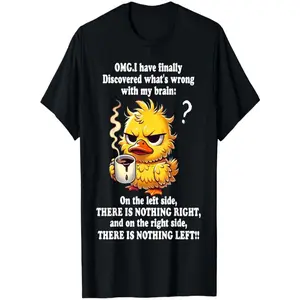OMG I've Discovered What's Wrong with My Brain Funny Cartoon Duck T-Shirt - Men's Plus Size Humorous Black Tee with Bold Text and Grumpy Yellow Duck Holding Coffee - Perfect for Casual Wear and Laughs