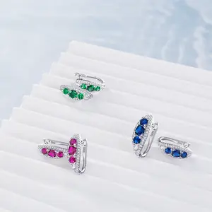 【967】Cubic Zirconia Hoop| Vertical Trio Design (0.3CT+0.1CT) in Red/Blue/Green | Full White Halo
