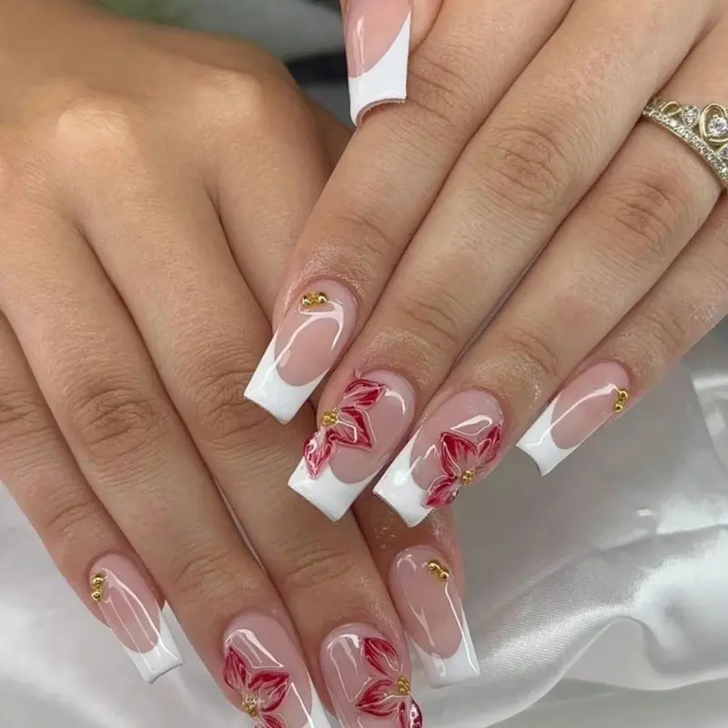 10pcs Handmade Reusable Full Cover Nail Stickers - Square Medium French Stiletto Pink/Natural Nude Glossy Press-On Nails, French Nail Art, 3D Embossed Pink Floral Design, Nail Designs, Suitable For Women, Commute And Casual Wear, Elegant Design