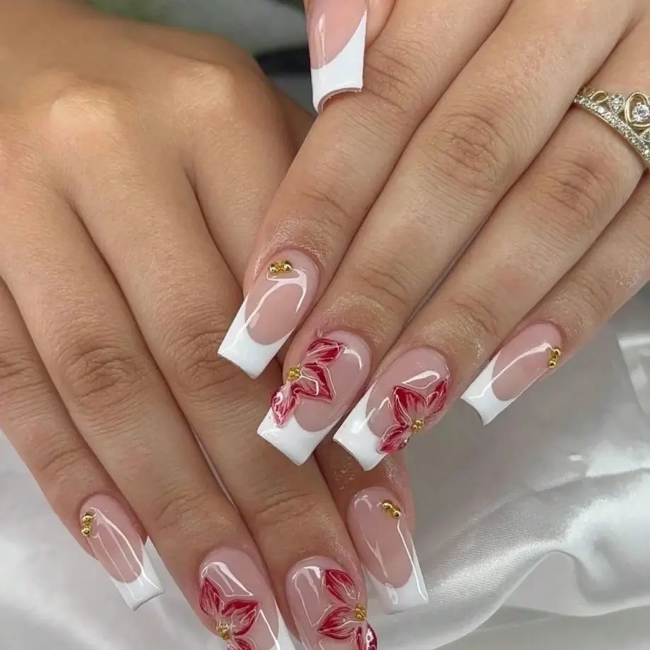 10pcs Handmade Reusable Full Cover Nail Stickers - Square Medium French Stiletto Pink/Natural Nude Glossy Press-On Nails, French Nail Art, 3D Embossed Pink Floral Design, Nail Designs, Suitable For Women, Commute And Casual Wear, Elegant Design