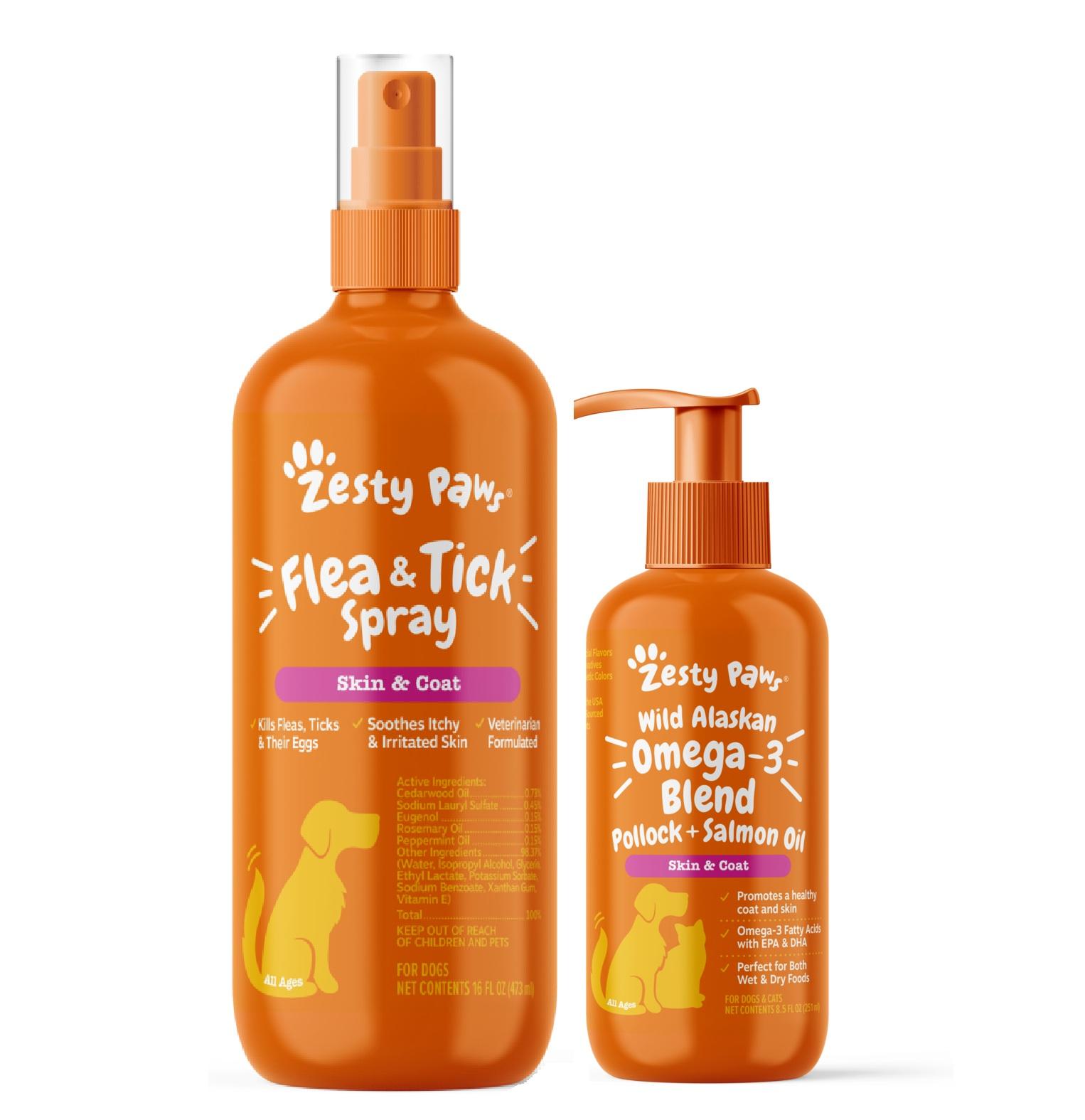 Zesty Paws Fresh Paws Shiny Coat & Bug-Free Bundle (8.5 oz Salmon Oil + 16 oz Flea & Tick Spray)