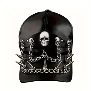 Cool Punk Rock Skull Spike Cap Motorcycle Biker Newsboy Flat Cap Mens Women Unisex Black Faux Leather Hat