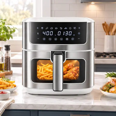 6.34QT Stainless Steel Air Fryer - Kitchen Appliance, Kitchen Supplies for Daily Use, Window, 8 Food Presets, Adjustable Heat Settings Fryers (Max 400°F), 90-Min Timer, Nonstick Dishwasher-Safe Basket, Auto Shut-Off (Air Fry, Roast, Bake)