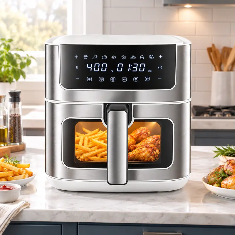 6.34QT Stainless Steel Air Fryer - Kitchen Appliance, Kitchen Supplies for Daily Use, Window, 8 Food Presets, Adjustable Heat Settings Fryers (Max 400°F), 90-Min Timer, Nonstick Dishwasher-Safe Basket, Auto Shut-Off (Air Fry, Roast, Bake)