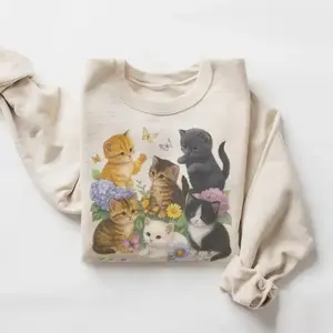 Retro cat sweatshirt, 90s retro cute cat pullover, bohemian unisex floral cat butterfly pattern crew neck, retro animal top GARMENTARY